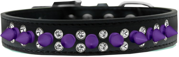 Double Crystal and Purple Spikes Dog Collar Black Size 16